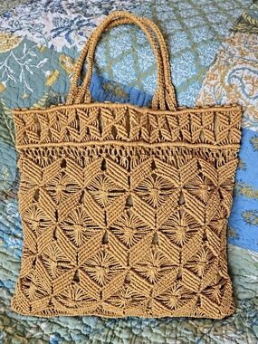 Vintage 70s Macramé Raffia Floral Boho Tote Handbag